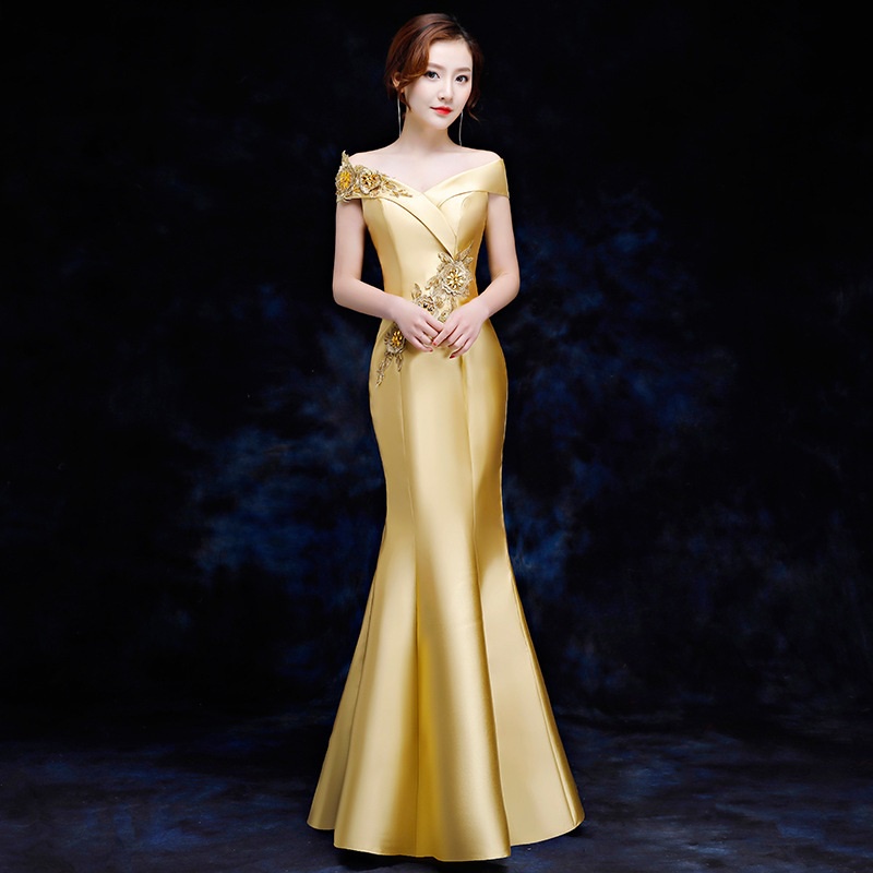 Gold Evening Dress Off Shoulder Women's Fishtail Dresses Elegant Annual ...