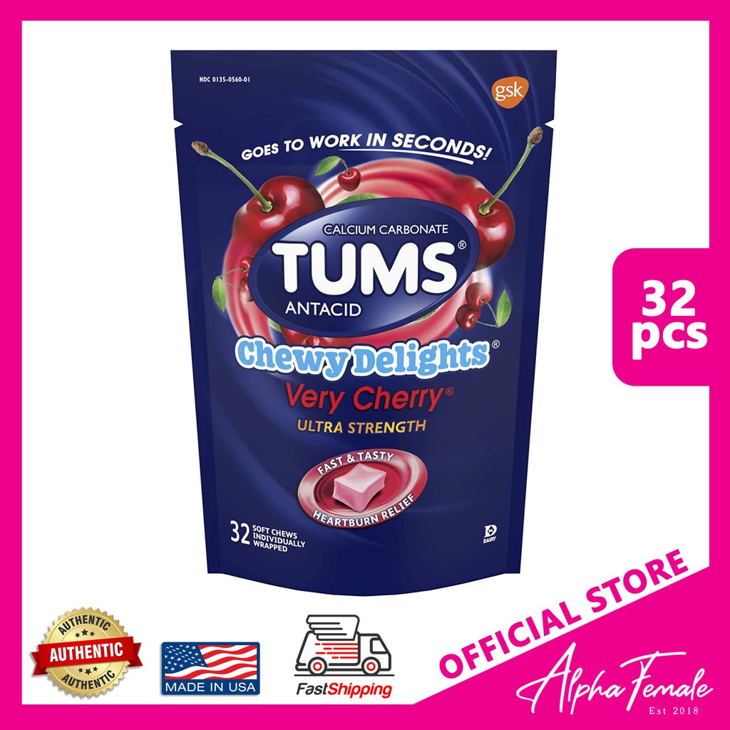 Tums Antacid Chewy Delights Calcium Carbonate Very Cherry Ultra Strength Heartburn Relief 32