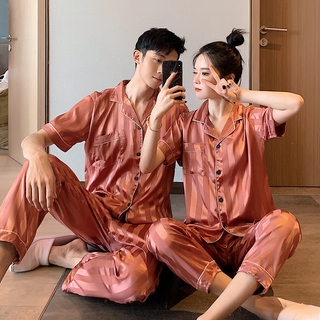 2 Sets】Unisex Couple Silk Sleepwear Terno Pantulog Women Men