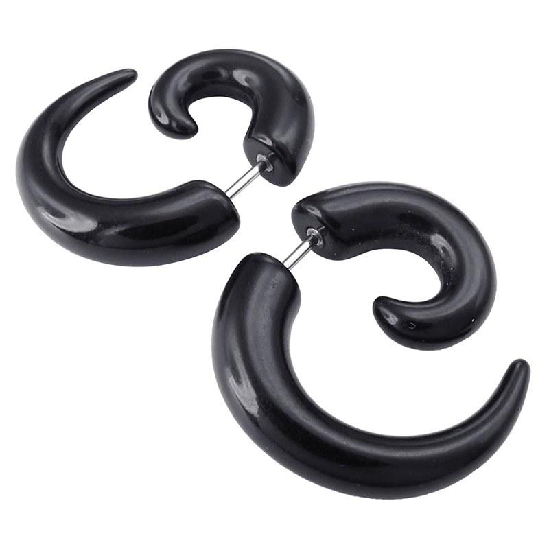 Mens Women Black Circle Stud Earrings with Wood, Steel Cheater Fake Ear Plugs Gauges Tunnel