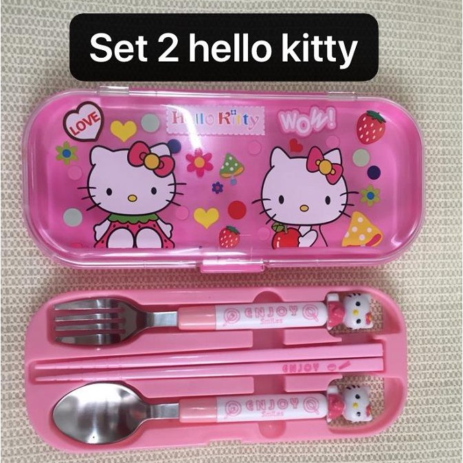 HELLO KITTY SPOON ,FORK AND CHOPSTICK SET WITH CASE | Shopee Philippines