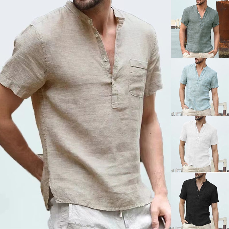 2022 New Men's V Neck Linen Plain T-shirt Short Sleeve Button Formal ...