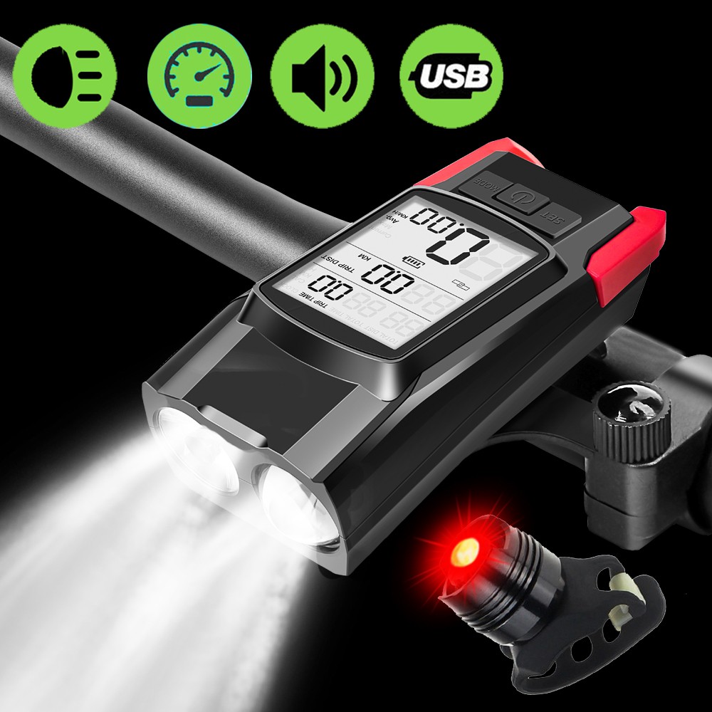 Newboler In Led Bicycle Lights With Odometer And Electric Horn  Functions Bike Headlight Set Cycling Rear Safety Tail Light