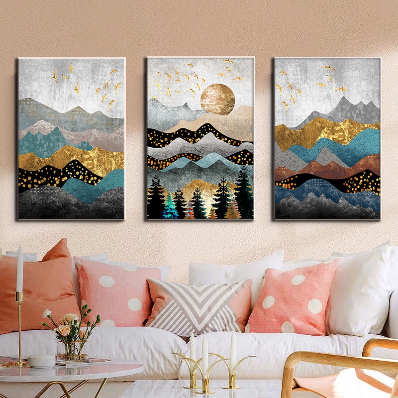 Nordic Abstract Art Sunset Forest Posters Mountain Landscape Canvas ...