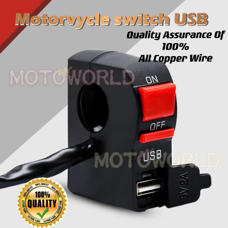 Motorcycle Clamp On/Off Switch 12V With Indicator Usb Waterproof Mobile ...