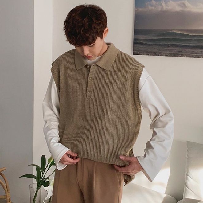 Korean Style Sleeveless Knitted Polo Shirt For Men Polo Collar Knit Vest Men  Summer Fashion Loose Plain Sweater Teens Knitwear