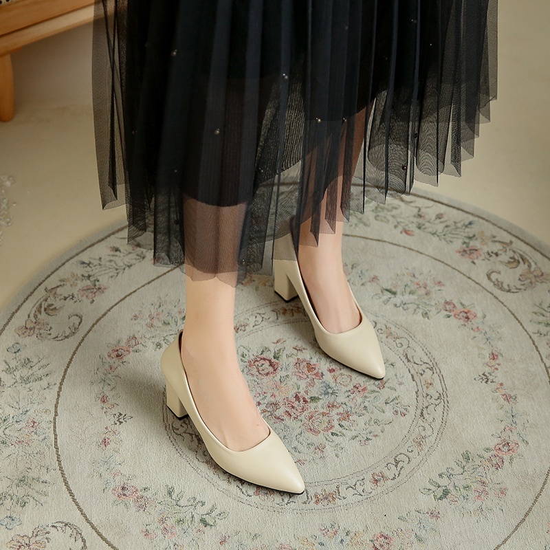 Capomos Women's High Heels Leather Pointed Toe Chunky Block Heels Pumps ...