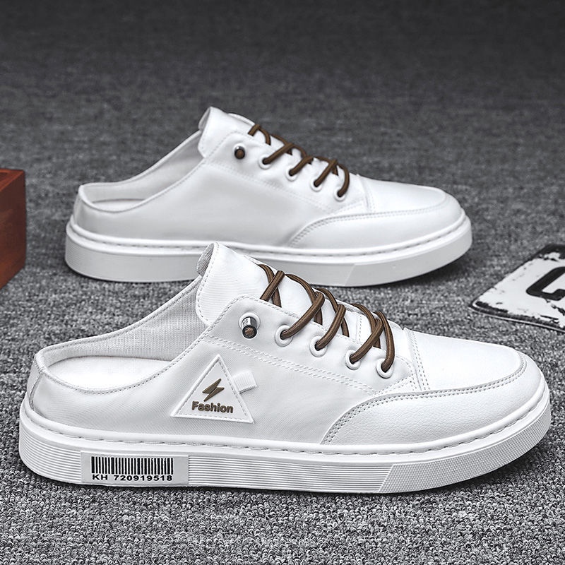 Men's Shoes Summer Breathable White Half Slippers Canvas Students One-Step  Lazy No Heel Trendy