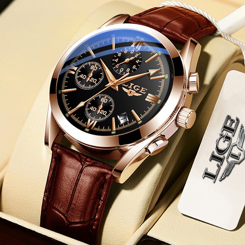 LIGE Original Men Watch Waterproof Leather Strap Analog Quartz Fashion Watch for Men Date Sports Chronograph Relo Shopee Philippines