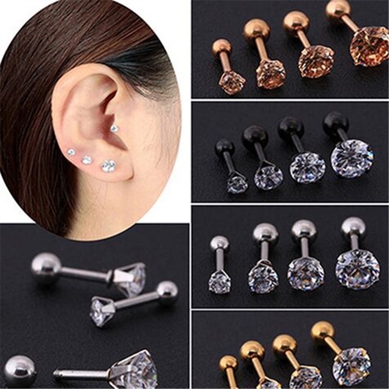 12PCS/Stainless steel earrings, screw, round beads, four-claw zircon ...