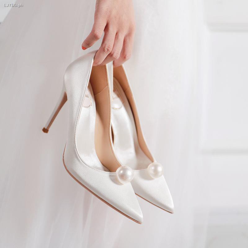 2020 new pointed white pearl high heels cm stiletto green single shoes  female red bridal wedding