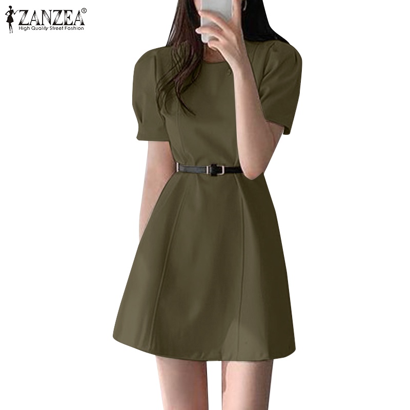 ZANZEA Women's Summer Female Short Sleeve Midi Robe Solid Color Elegant ...