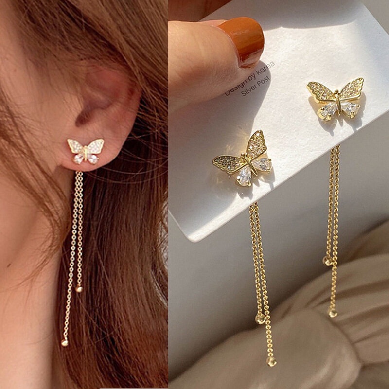 Elegant Fashion Zircon Butterfly Long Tassel Stud Earrings for Womens