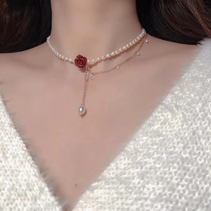 Red Rose Rhinestone Pearl Tassel Uniche Temperament Necklace | Shopee ...