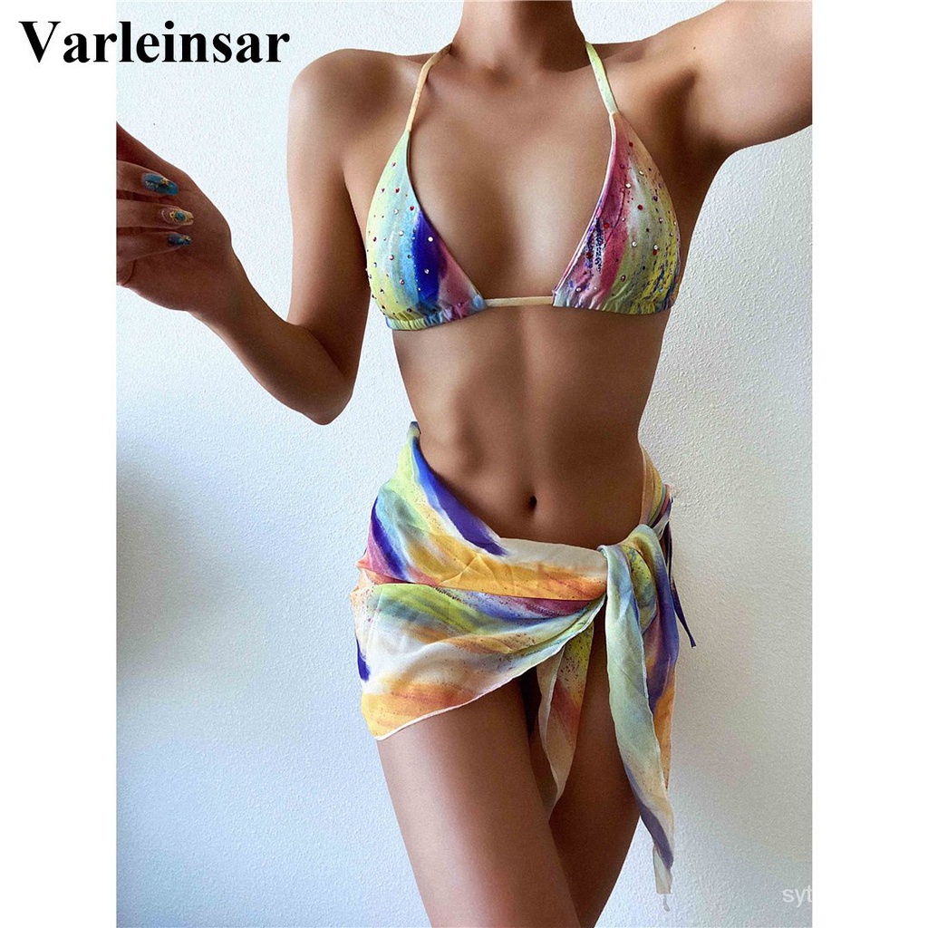 New Rhinestones Bikini Women Swimwear Female Swimsuit Three-pieces Bikini  set With Sarong Bather Sex | Shopee Philippines