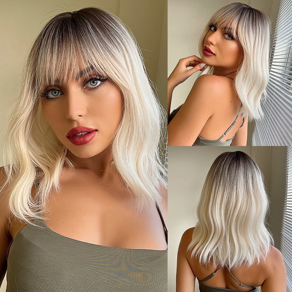 Short Light Blonde Body Wavy Synthetic Wig Platinum Blonde Curly Wigs With  Bangs Daily Party Costume Heat Resistant