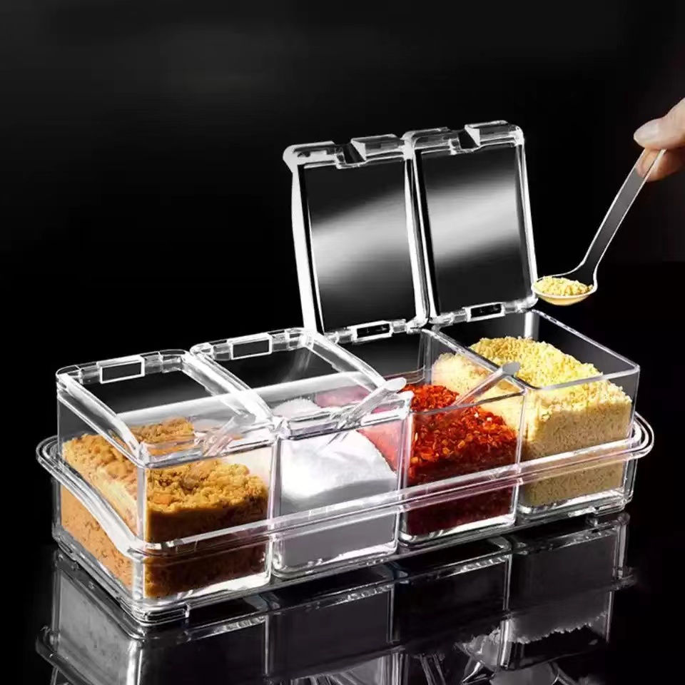 4 Grid Transparent Seasoning Box Kitchen Spice Container Condiment ...
