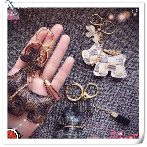 LV Dog keychain louis vuitton korea style chekered leather chain acessories  with ring bag charm