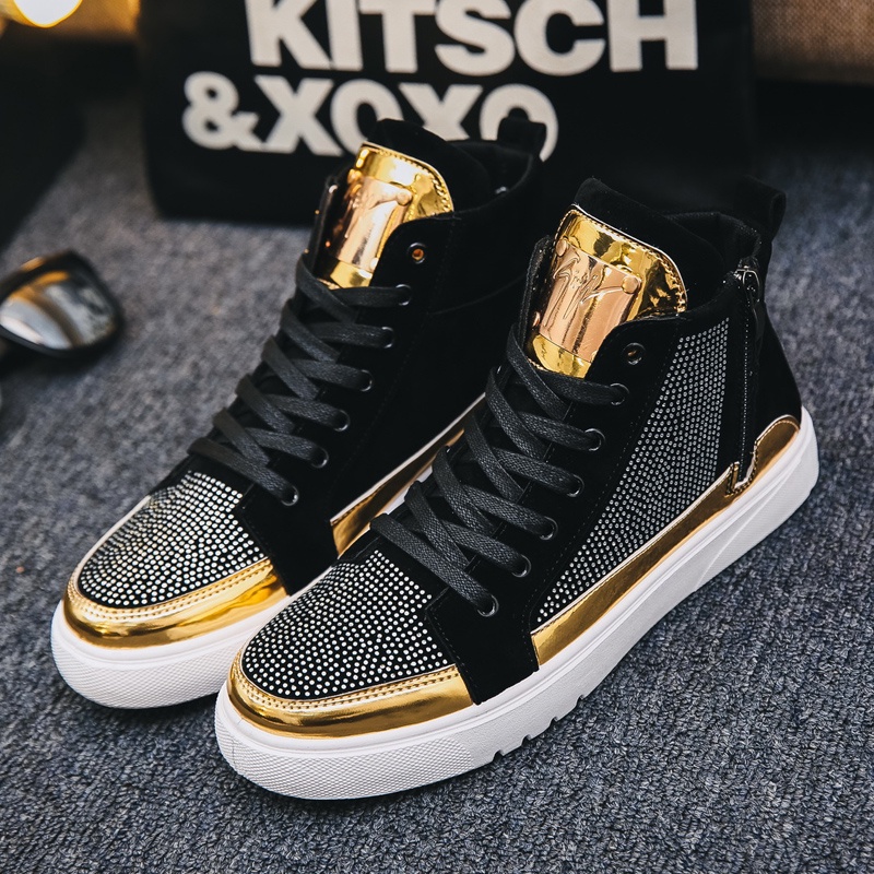 2020 Cool Men High Top Men Gold Glitter Sneakers Lace Up Crystal Platform Flats Gold Shoes Man Sequi Shopee Philippines