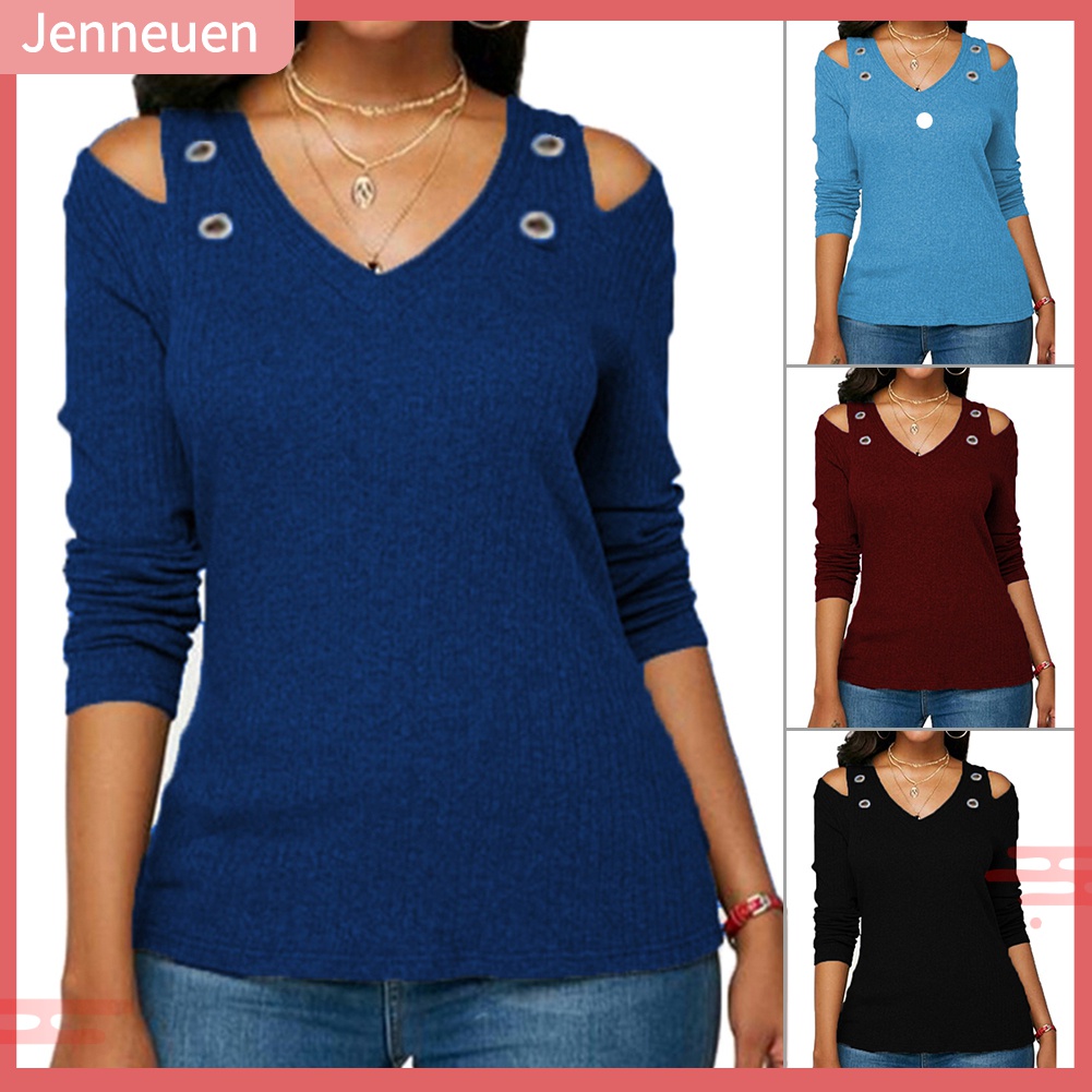 SY♫ Casual Women Solid Color O Neck Long Sleeve Cold Shoulder Holes ...