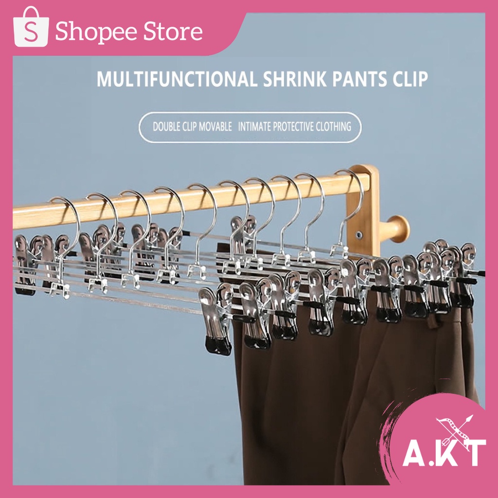 AKT Clothes Hanger Stainless Steel Trousers Rack Clip Metal AntiSlip Clothespin Wardrobe Pants