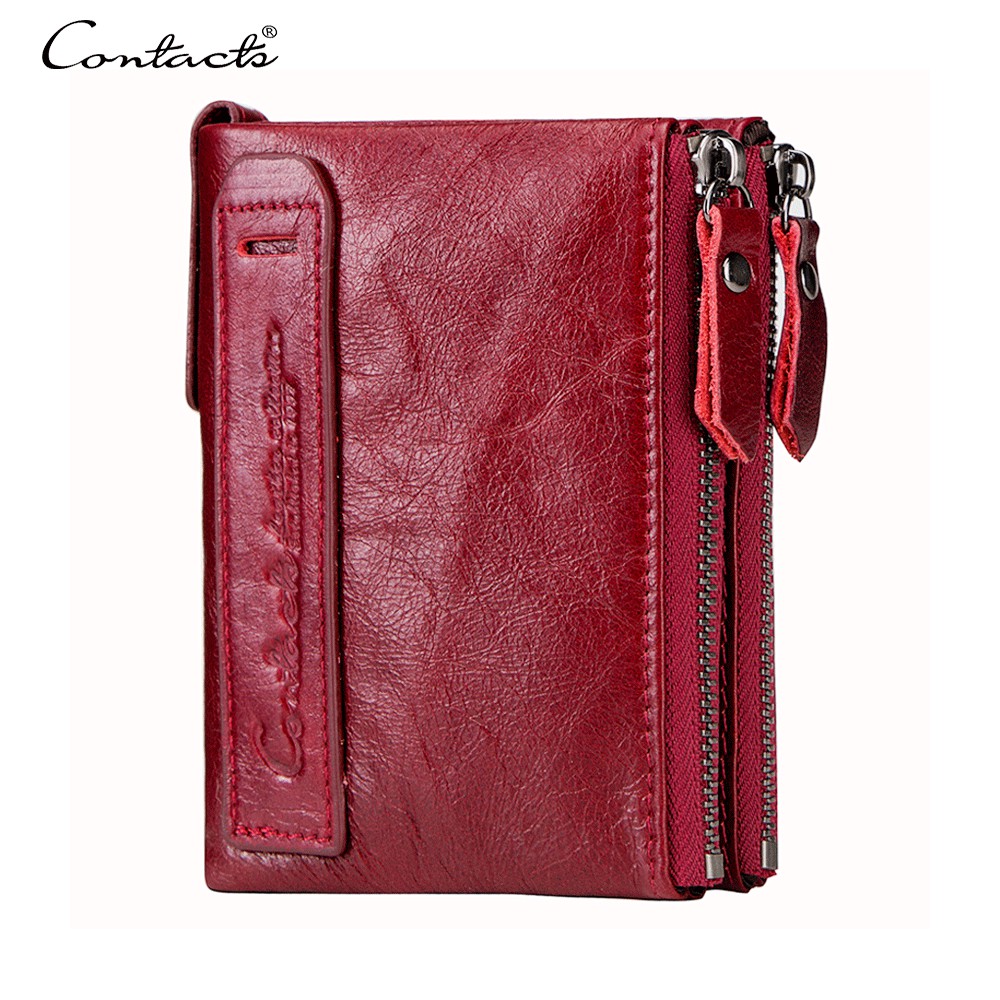 CONTACT'S Coin Bag Double Zipper Wallet Women Genuine Leather Purse Short  With Credit Card Holder