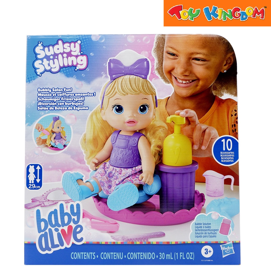 Baby Alive Sudsy Styling Doll, 12-Inch Toy for Kids 3 and Up, Salon Baby  Doll Accessories, Bubble Solution, Blonde Hair - Baby Alive