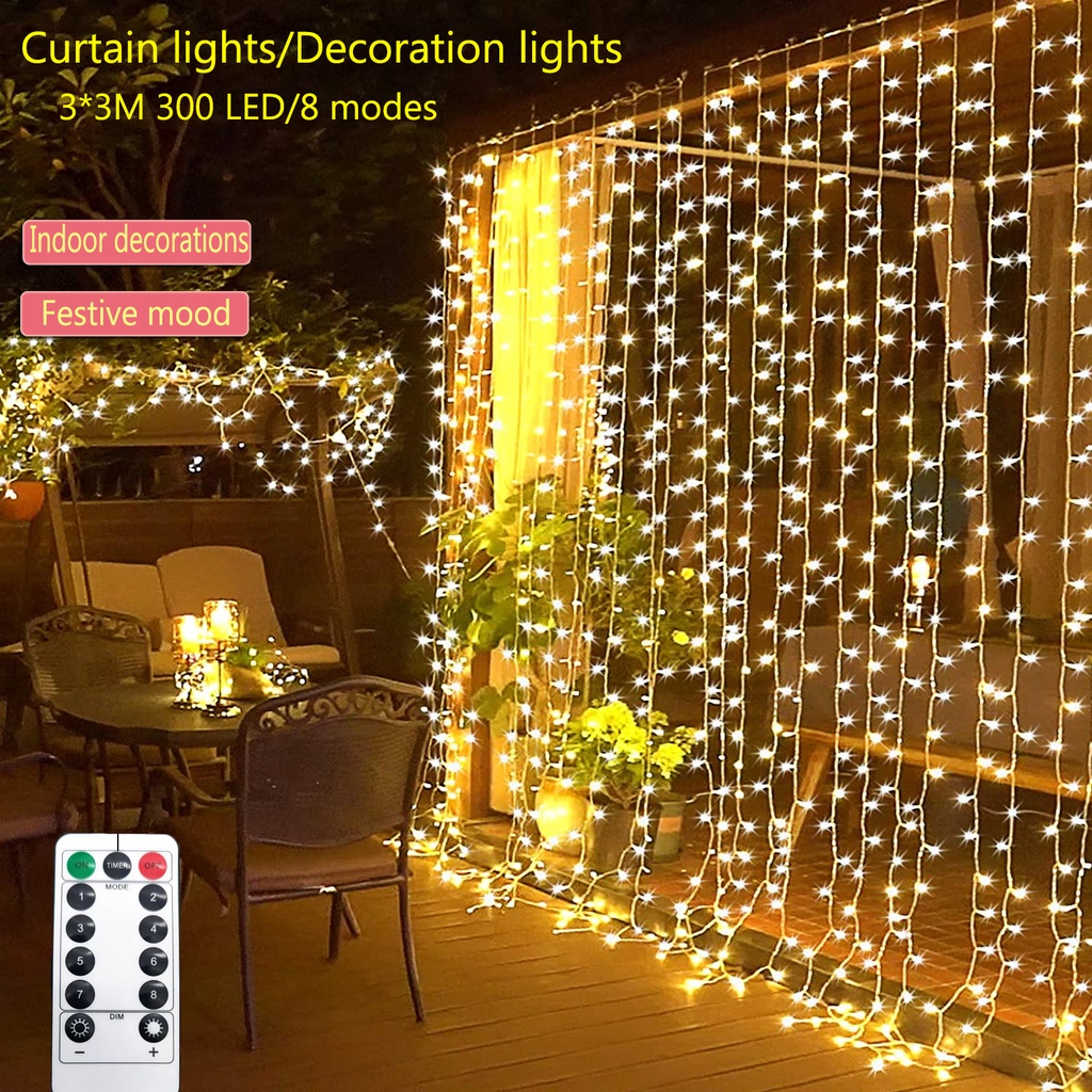 3m Window Curtain String Lights 300 Led 8 Lighting Modes Copper Wire