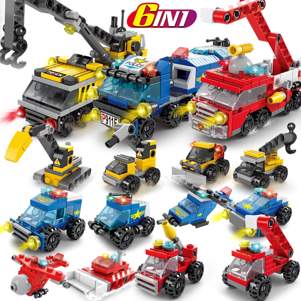 Mini 6 In 1 Building Blocks DIY Police Car Fire Truck Castle Model ...