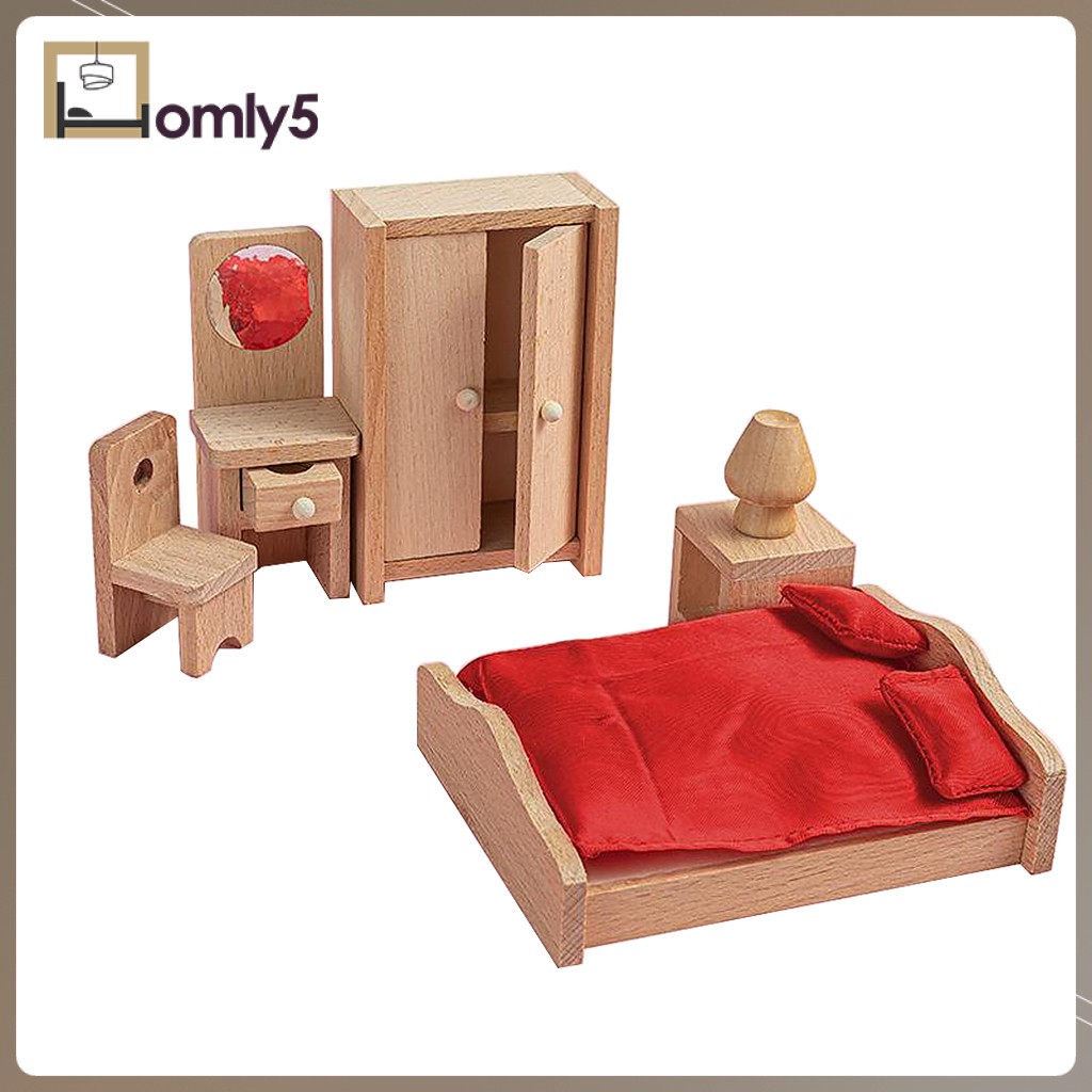 Home Store] Wooden Doll House Furniture Set Wood Miniature Living