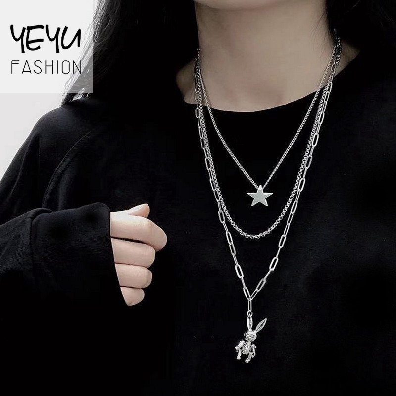 INS Hip Hop Harajuku Style Personality Rabbit Bear Three-layer Necklace ...