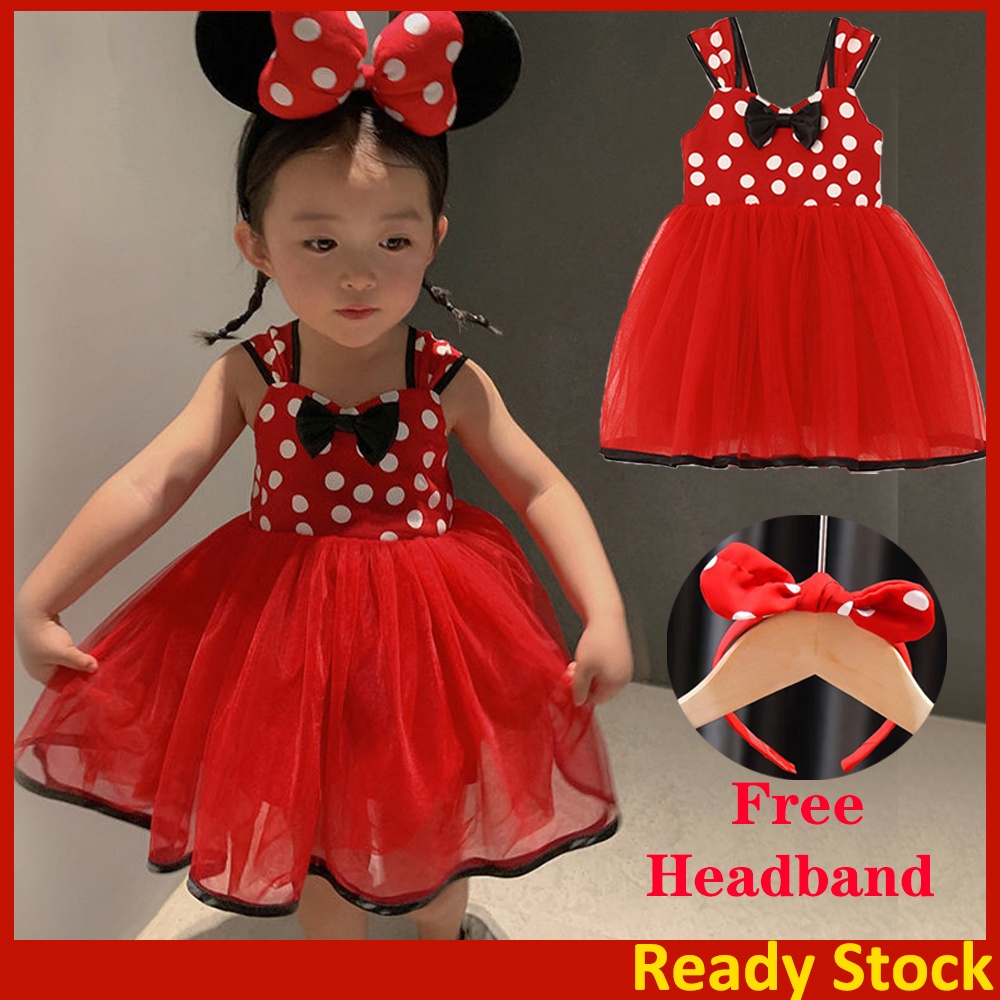 Spot goods Baby Girl Dress Mickey Minnie Mouse Dress for Baby Polka Dot Bow Dress for Kids Girl and Baby Headband 2Pcs Set