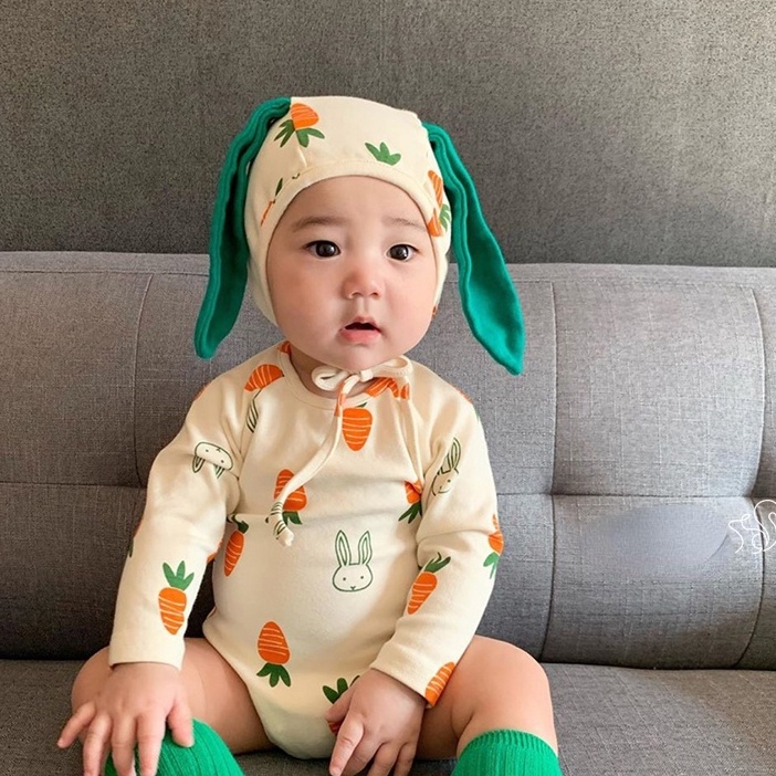 Newborn Longsleeved Cartoon Cute Carrot Bear Bodysuit + Hat Suit