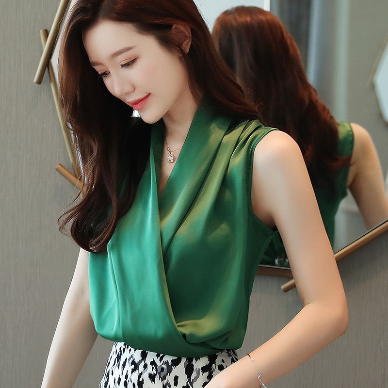 Korean Elegant Satin V Neck Office Shirt Women Summer Sleeveless