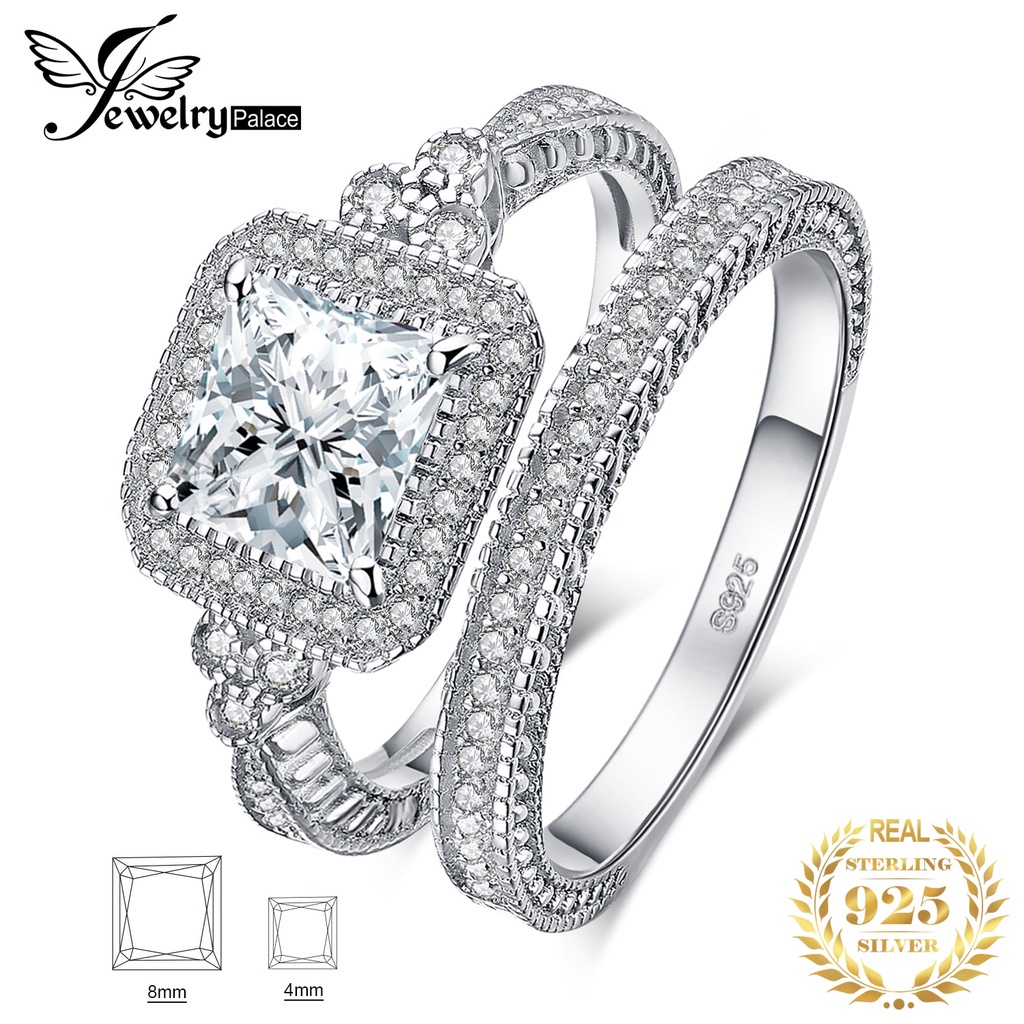 JewelryPalace Vintage Wedding Band Engagement Ring Set Cubic Zirconia  Sumulated Diamond Princess 925 Sterling Silver Ring Women
