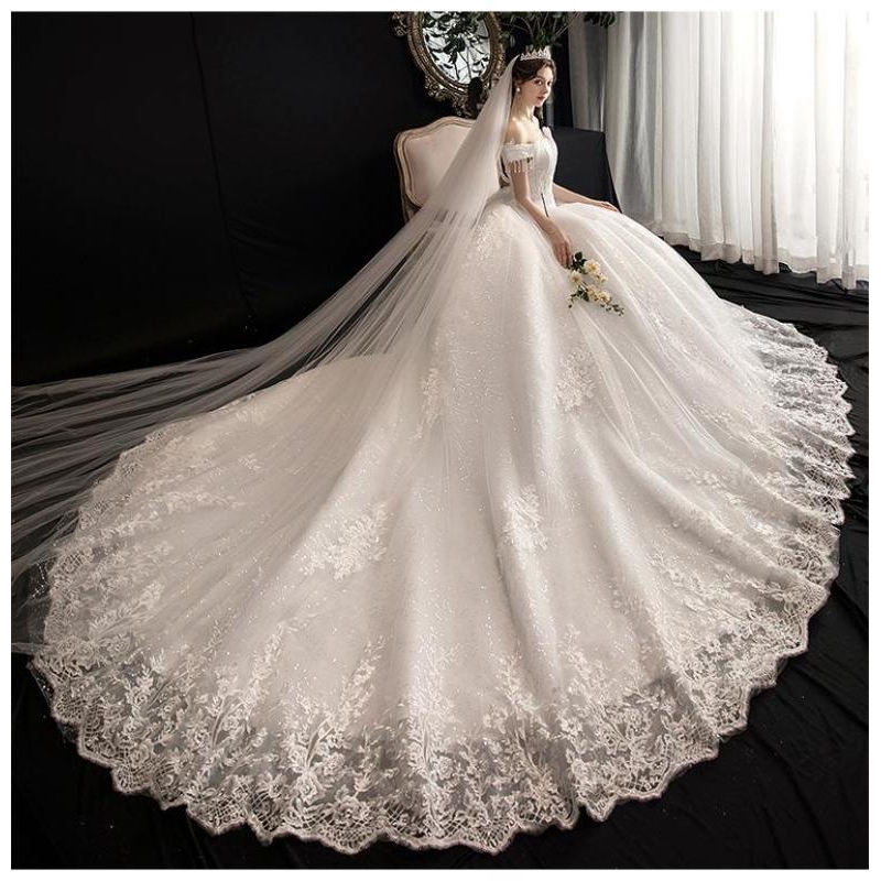 high quality simple and slim wedding dress is off shoulder with long tail gown shine wedding dress Shopee Philippines