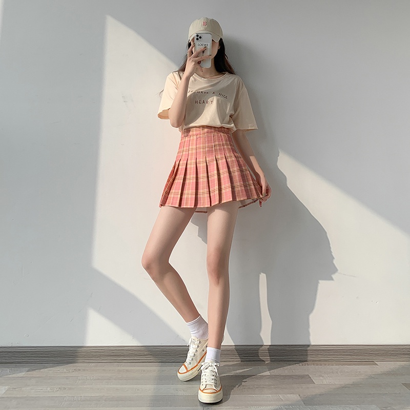 VIFUUR Korean Womens High Waist Skirt Slim Plaid skirt Pleated Skater ...