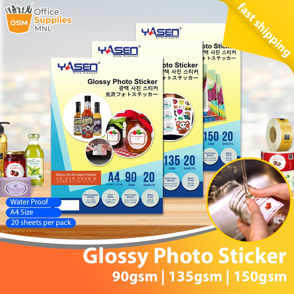 Yasen Glossy Photo Sticker Paper Inkjet Sticker Waterproof A4 Size