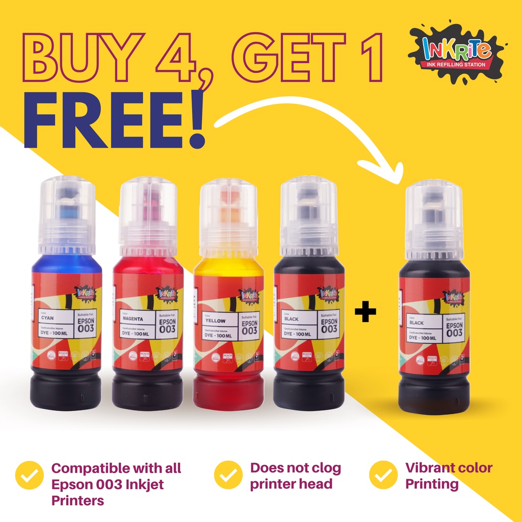 [BUY 4 GET 1 FREE] Inkrite Ink for Epson 003 Epson L1110 L1210 L1250 ...