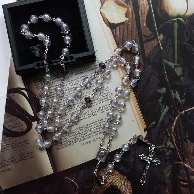Purple Crystal Shiny Prayer Beads Chain Our Lady Medal Catholic ...