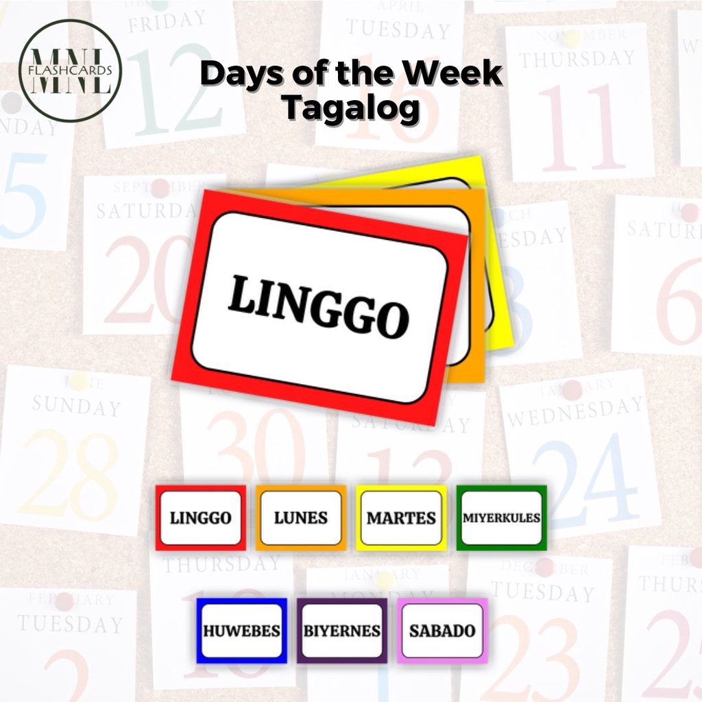 Days Of The Week Tagalog Fully Laminated Educational Flashcards With