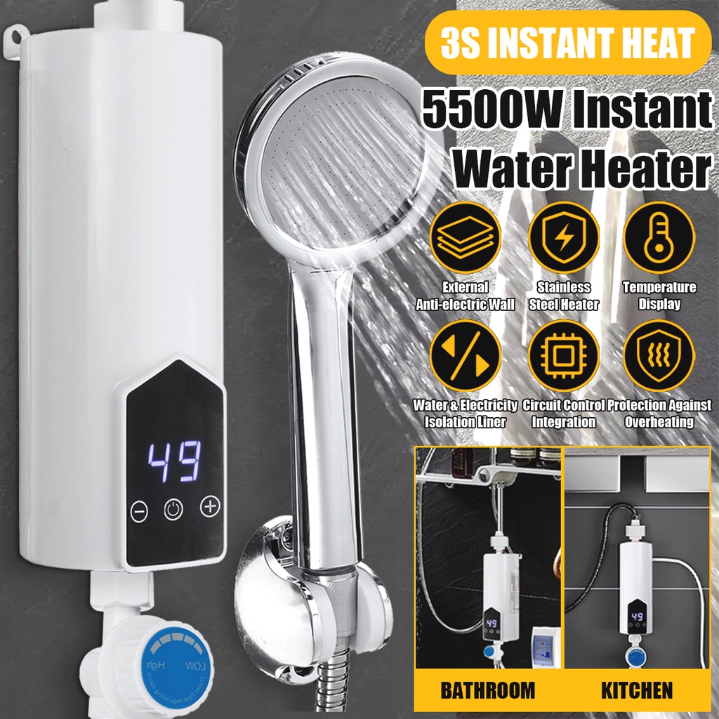 IPX4 Instant Electric Water Heating Shower Set Mini LCD Digital Display  Kitchen Bathroom Tankless Hot Water Faucet Heater Touch Control 5500W