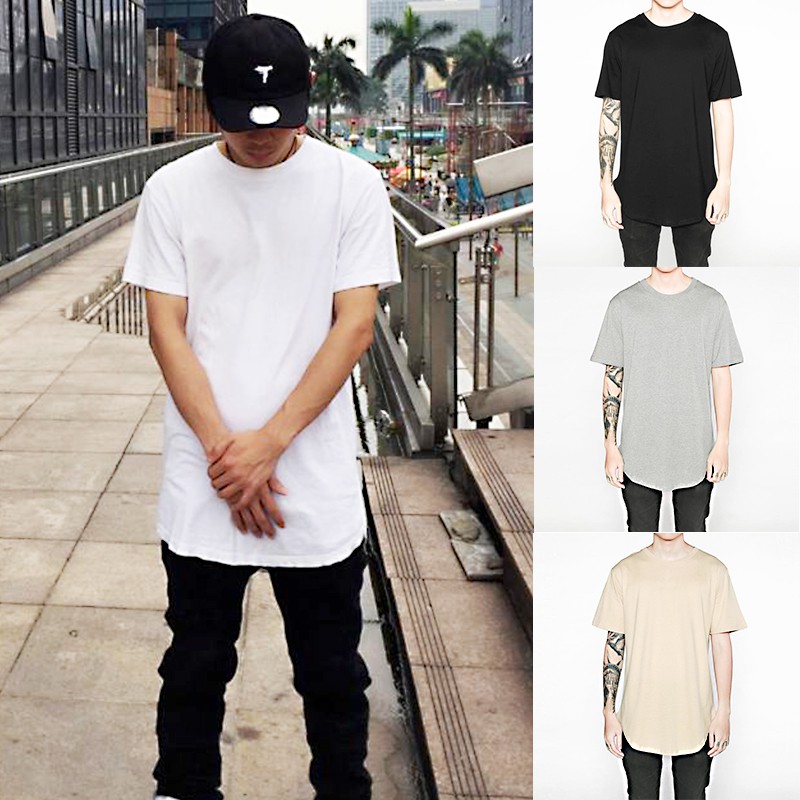 Mens Long T- Shirt Elongated Casual Crew Neck Hip Hop Tee