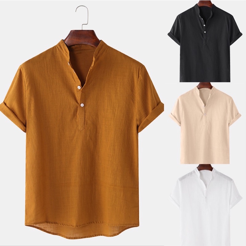 BYGEN Mens Chinese Collar Polo Half Button Short Sleeve Shirt Shopee