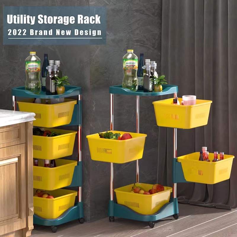 7D 4 Tier Rotating Basket Trolley Rolling Cart Detacheable Storage ...