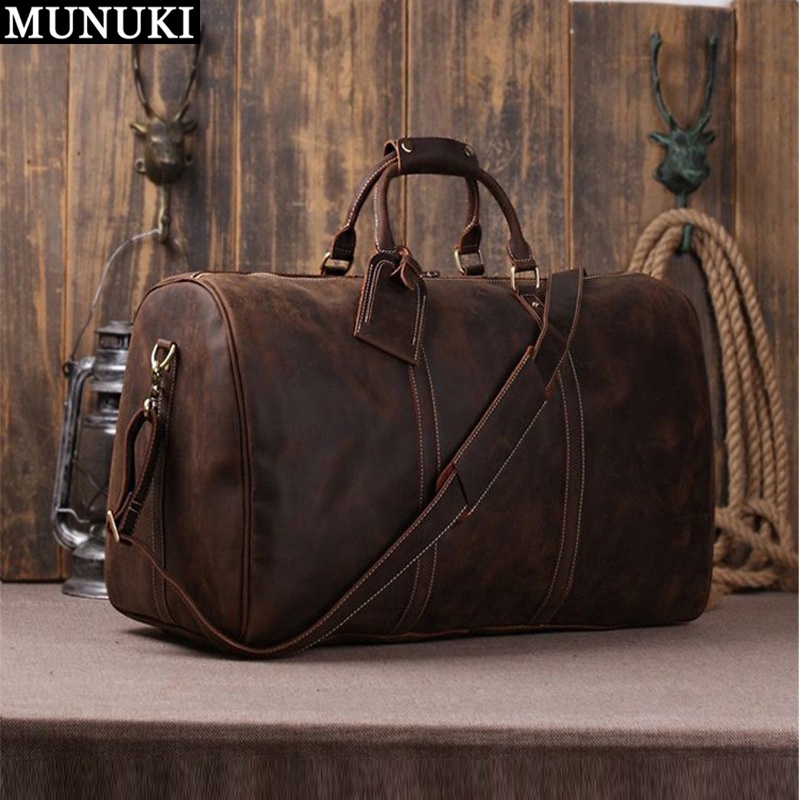 Vintage Crazy Horse Genuine Leather Travel Duffle Bag Casual Large ...