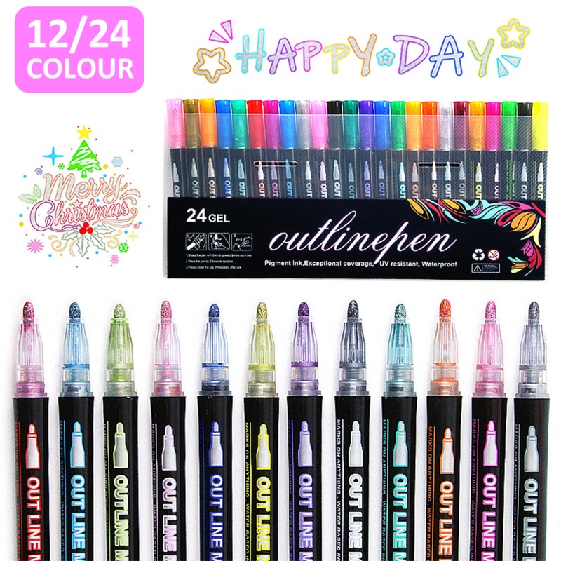 12/24 Colors Double Line Outline Art Pen Marker Pen DIY Graffiti Outline  Marker Pen Highlighter for Scrapbook Diary Poster Card