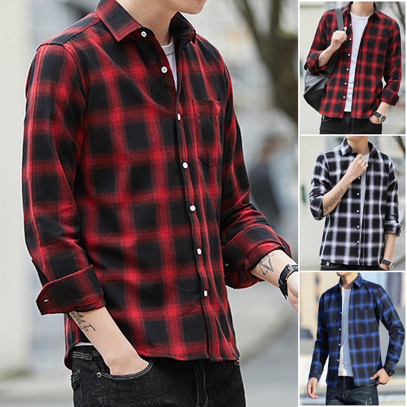 Korean Style Vintage Long Sleeve Plaid Shirt For Man Plaid Polo Checkered Long Sleev Checkered Longsleeve For Men Lapel Collared Tops Loose Casual Classic Thin Jacket Shopee Philippines