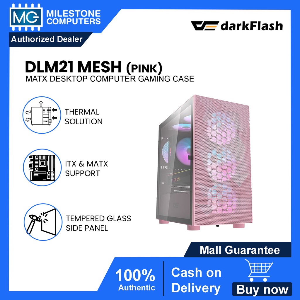 Darkflash DLM21 Pink Mesh MATX PC Case Mid Tower Tempered Glass Side ...