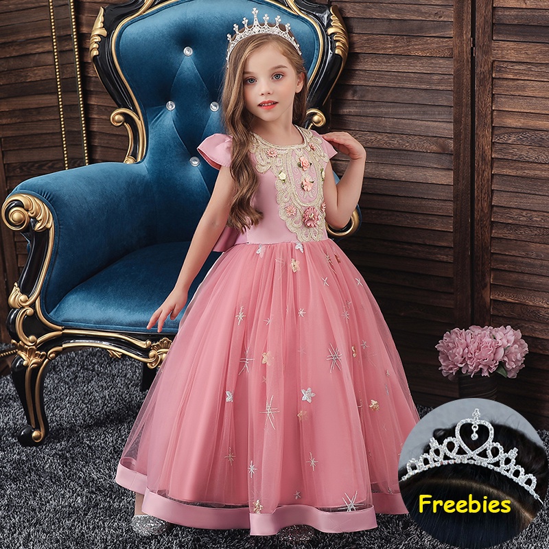 2-12Y Girls princess dress kids long dress flying Sleeve Princess skirt  ball gown birthday wedding photo shooting